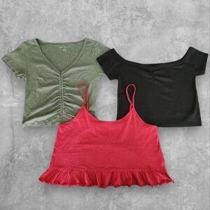 3 American Eagle Crop Tops Size Medium- Green, Charcoal, and Red